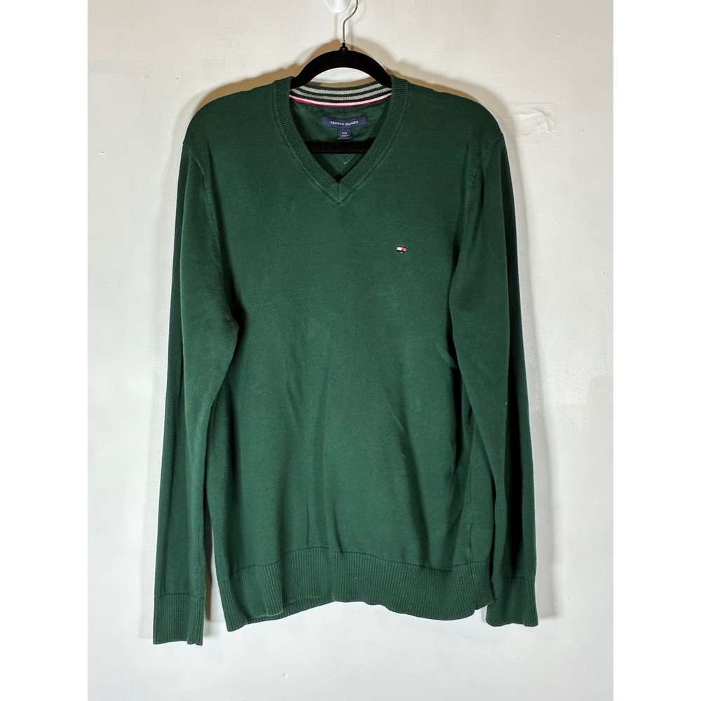 Tommy Hilfiger Green V Neck Cotton Sweater Logo Preppy Academia Long Sleeve L